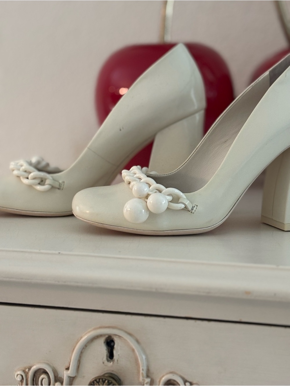 Tory Burch White Braided Pom Block Heel Pumps
